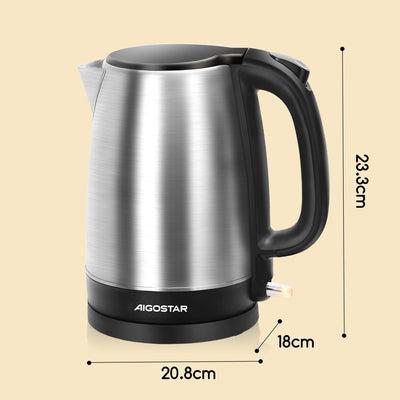 Aigostar Wasserkocher Edelstahl 1,7 L, 2200W Elektrischer Wasserkocher mit Kalkfilter, Kabellos, Abschaltautomatik, ideal für Tee, Kaffee, Babynahrung, BPA-Frei, Schwarz