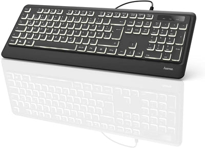 Hama Beleuchtete Tastatur mit Kabel KC-550 QWERTZ (USB Tastatur, kabelgebundene Tastatur, Wired Keyboard, Multimedia Tasten für Windows 10/8/7/Vista/XP, deutsches QWERTZ Layout) Schwarz Normal