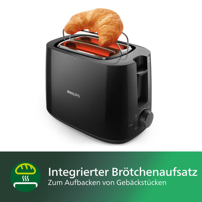 Philips Toaster – 2 Toastschlitze, 8 Stufen, Brötchenaufsatz, Auftaufunktion, Liftfunktion, Abschaltautomatik, schwarz (HD2581/90)