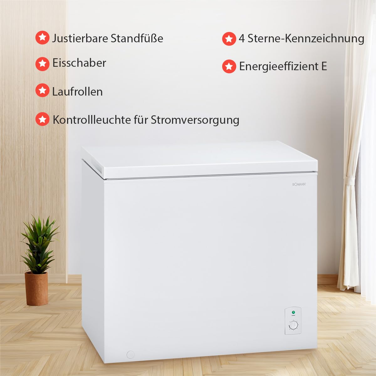 Bomann® Gefriertruhe mit 202L Nutzinhalt | Tiefkühltruhe mit 4-Sterne-Kennzeichnung & stufenloser Temperaturregelung | Lagerzeit bei Störung max.35h | Freezer inkl. Gefrierkorb & Eisschaber | GT 7338