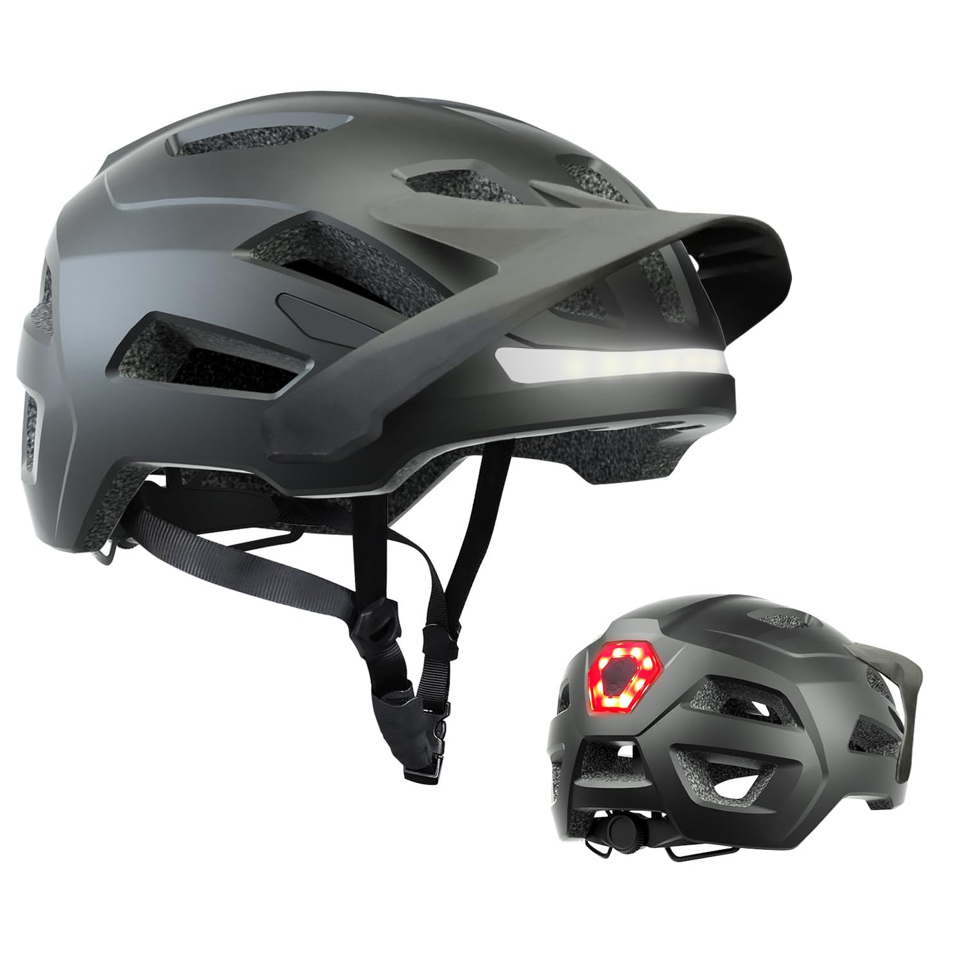 Fahrradhelm für Erwachsene mit wiederaufladbaren USB-LED-Front- und Rücklichtern, Mountainbike- und Rennradhelm für Männer und Frauen mit Verstellbarer Hutkrempe (Black, L)