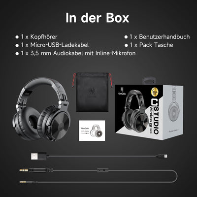 OneOdio Bluetooth Kopfhörer Over Ear [Bis zu 110 Std & BT 5.2] Kopfhörer Kabellos Bluetooth mit 50mm Treiber, HiFi Stereo Faltbares Wireless Headphones mit Mikrofon für Laptop/Handy/PC - Schwarz