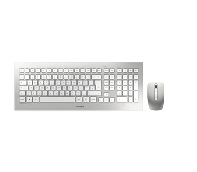 CHERRY DW 8000, kabelloses Tastatur- und Maus-Set, Spanisches Layout (QWERTY), batteriebetrieben, ultraflache Tastatur, 3 Tasten-Maus mit Infrarotsensor, Weiß-Silber