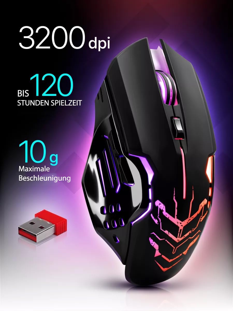 Defender® Katana Kabellose Gaming Maus - Geräuschlose Klicks - 5 programmierbare Tasten - RGB-Beleuchtung(On/Off) - bis zu 240 hrs Akkulaufzeit - Wireless Gamer Maus für PC, Mac, Laptop