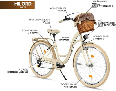 Generic Komfort Fahrrad Citybike Mit Weidenkorb Damenfahrrad Hollandrad, 28 Zoll, Creme-Braun, 7-Gang Shimano