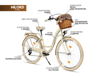 Generic Komfort Fahrrad Citybike Mit Weidenkorb Damenfahrrad Hollandrad, 28 Zoll, Creme-Braun, 7-Gang Shimano