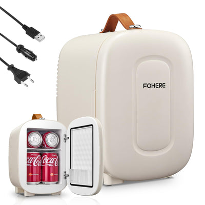 FOHERE Mini Kühlschrank 5 Liter /6 Dosen, Zusätzliche USB-Stromversorgung, 220V AC/12V DC, Getränke & Skincare Mini-Kühlschrank für Schlafzimmer, Auto, Schlafsäle, Büro Schreibtisch, Weiß