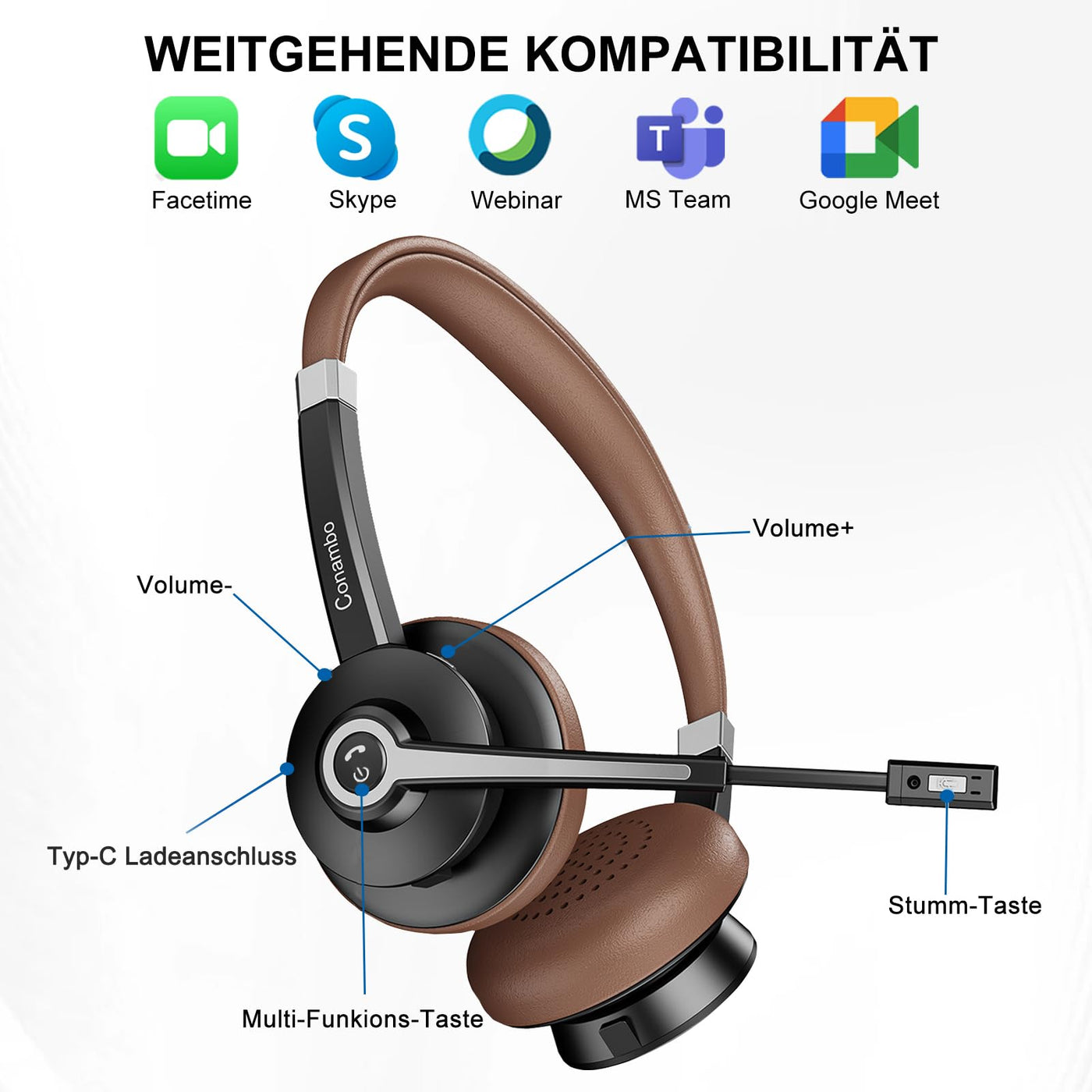 Conambo Bluetooth Headset mit Mikrofon,Kabelloses Headset mit Mikrofon mit HD Stereo Sound & 25 Stunden Spielzeit,Headset Bluetooth 5.0 mit USB-A Dongle für Laptop/PC/Mac-DSP Geräuschunterdrückung