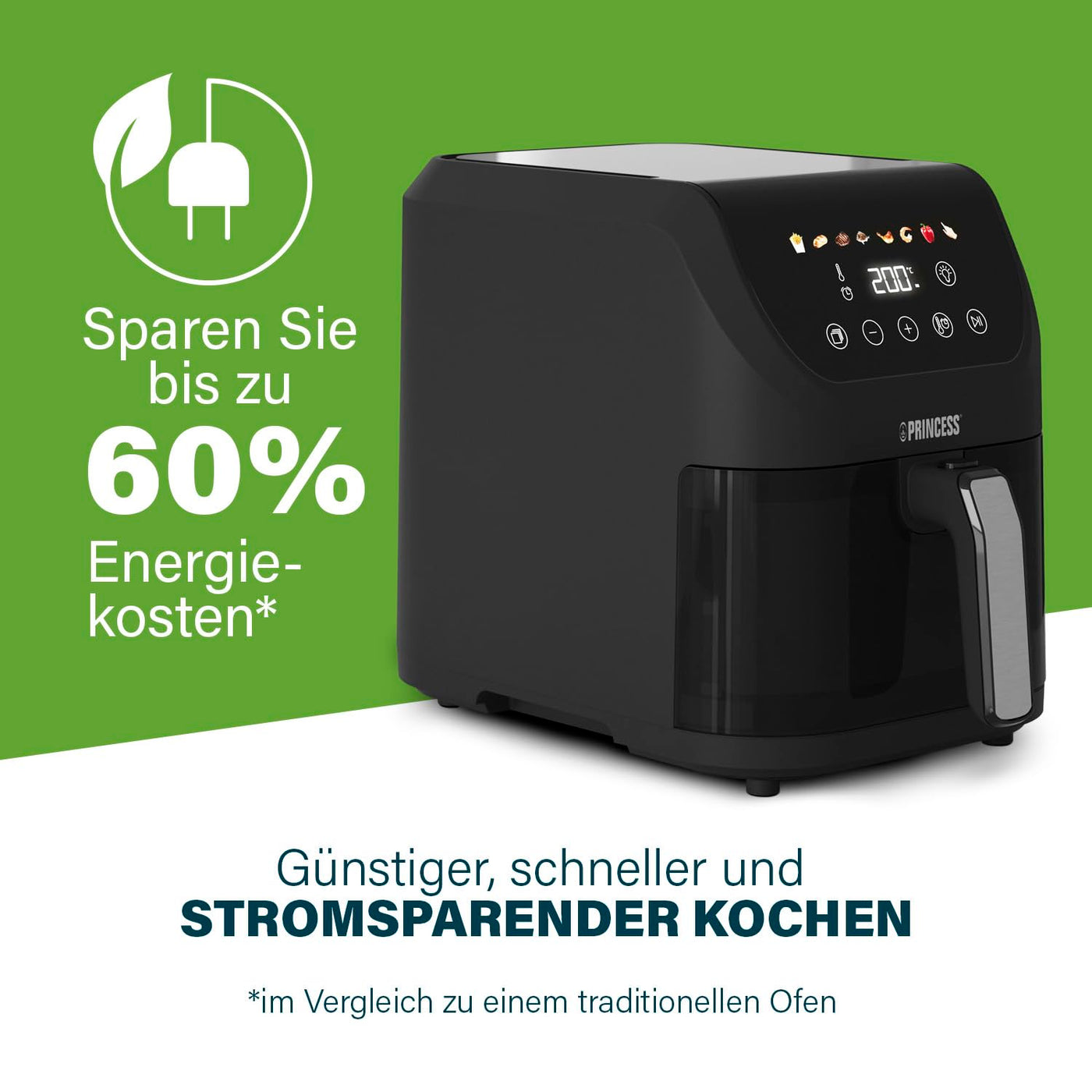 Princess Slim Airfryer 5L - 1500 W - leiser Betrieb (55 db) - Platzsparendes Design - Ölfrei - 8 Kochprogramme - Einstellbarer Thermostat - Spülmaschinenfeste Teile - Antihaftbeschichtung - 182240