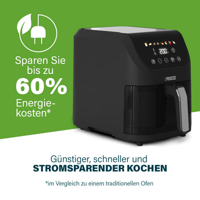 Princess Slim Airfryer 5L - 1500 W - leiser Betrieb (55 db) - Platzsparendes Design - Ölfrei - 8 Kochprogramme - Einstellbarer Thermostat - Spülmaschinenfeste Teile - Antihaftbeschichtung - 182240