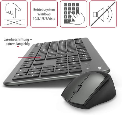 Hama Funk-Tastatur Maus Set (QWERTZ Tastenlayout, kabellose ergonomische Maus, 2,4GHz, USB-Empfänger) Windows Keyboard Funkmaus-Tastatur-Set, schwarz anthrazit