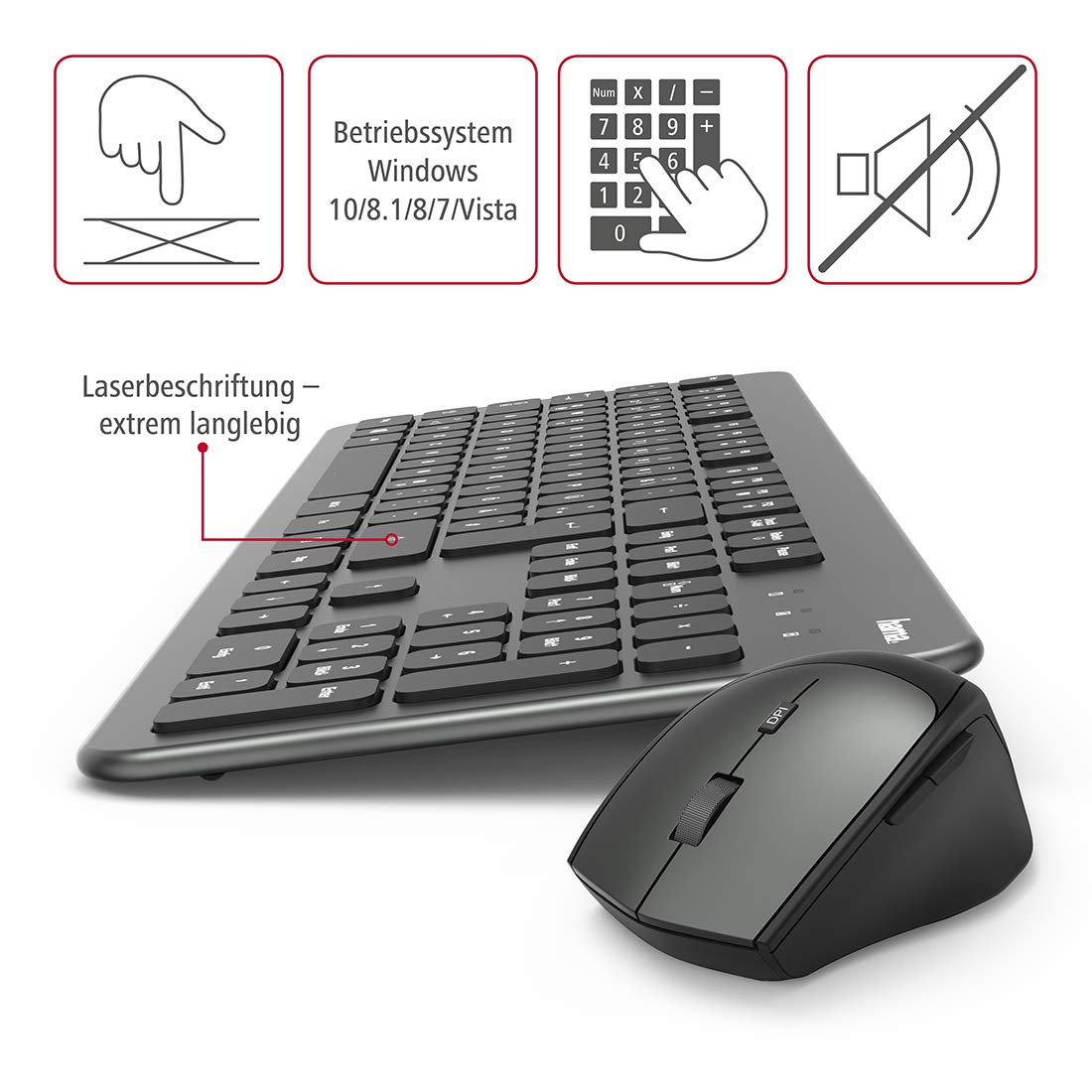 Hama Funk-Tastatur Maus Set (QWERTZ Tastenlayout, kabellose ergonomische Maus, 2,4GHz, USB-Empfänger) Windows Keyboard Funkmaus-Tastatur-Set, schwarz anthrazit