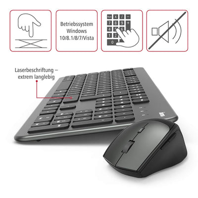 Hama Funk-Tastatur Maus Set (QWERTZ Tastenlayout, kabellose ergonomische Maus, 2,4GHz, USB-Empfänger) Windows Keyboard Funkmaus-Tastatur-Set, schwarz anthrazit