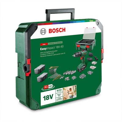 Bosch Akku Schlagbohrschrauber EasyImpact 18V-40 (Schrauben, Bohren in Holz, Metall und Kunststoff; Schlagbohren in Mauerwerk; 241-teiliges Bit-Set; 1 Akku 1,5Ah; 18 Volt System; in SystemBox)