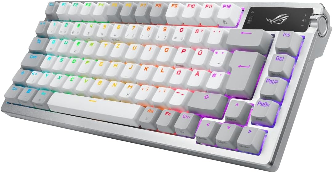 ASUS ROG Azoth White RGB Gaming-Tastatur (QWERTZ Layout, 75% Tastaturformfaktor, mechanische ROG NX-Switches, OLED-Display, Wireless mit Bluetooth, 2,4-GHz-RF, USB, Windows und MacOS-Modus, weiß)