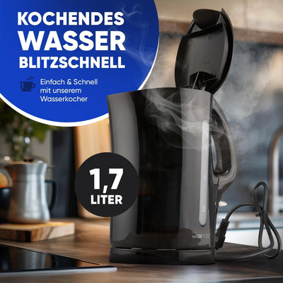 Clatronic® Wasserkocher | Kettle | Wasserkocher 1,7 L mit automatischer & manueller Abschaltung | herausnehmbarer Kalkfilter | max. 2200Watt | Wasserkocher schwarz | WK 3445