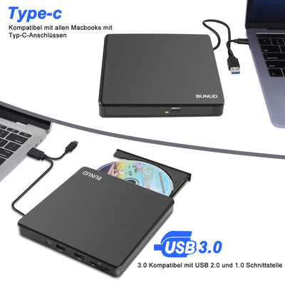 BUNUD Externe CD/DVD Laufwerk mit 2 USB & SD/TF Slots USB 3.0 & Type-C CD DVD Brenner, Optical DVD-Laufwerke Extern für Laptop PC Windows 11 10 Mac MacBook Pro/Air iMac