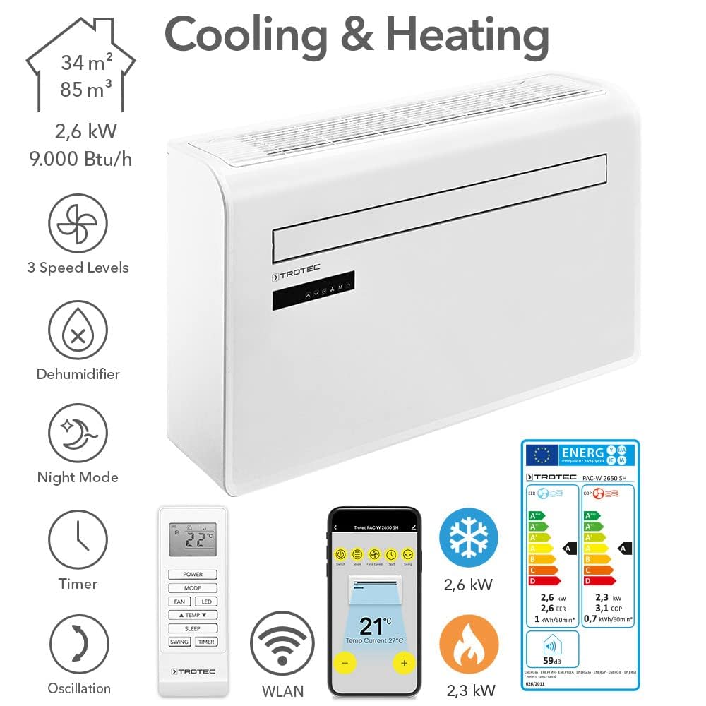 TROTEC Lokales Klimagerät mit Heizfunktion PAC-W 2650 SH mobile Klimaanlage 4-in-1 Kühlung, Beheizung, Ventilation, Entfeuchtung Klimagerät 2,6 kW 9.000 BTU/h für Raumgröße bis 34 m² und 85 m³