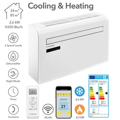 TROTEC Lokales Klimagerät mit Heizfunktion PAC-W 2650 SH mobile Klimaanlage 4-in-1 Kühlung, Beheizung, Ventilation, Entfeuchtung Klimagerät 2,6 kW 9.000 BTU/h für Raumgröße bis 34 m² und 85 m³