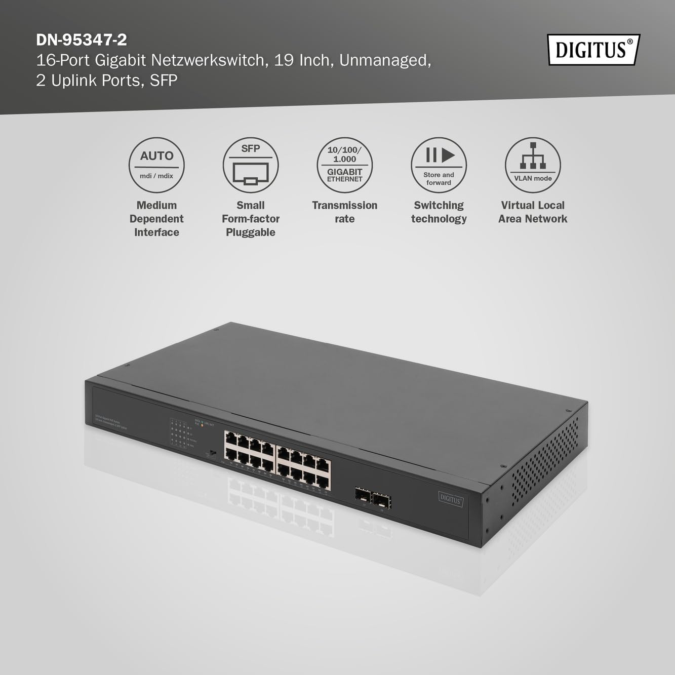 DIGITUS 19-Zoll PoE Netzwerk-Switch - 16-Port Gigabit + 2-Port Gigabit SFP - Unmanaged - VLAN - 250W PoE Leistungsbudget - 10/100/1000 Mbit/s - schwarz