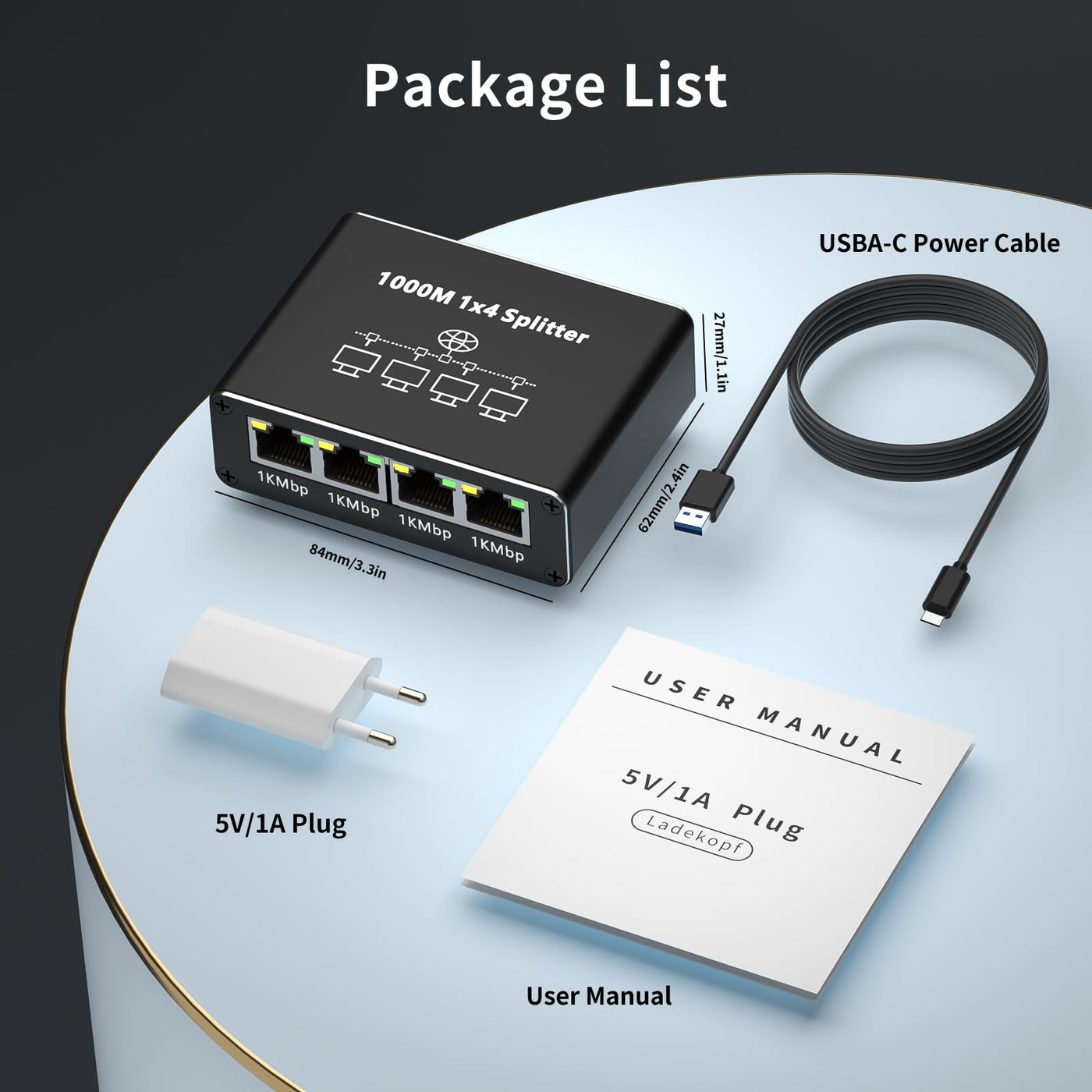 AOUZEA LAN Splitter 1 auf 4 1000Mbps Ethernet Splitter LAN Switch 4 Port Mit USB-C Stromkabel Netzstecker Gigabit Switch für Computer, Hub, Netzwerk Switch, Router, Set-Top Box, Digital TV