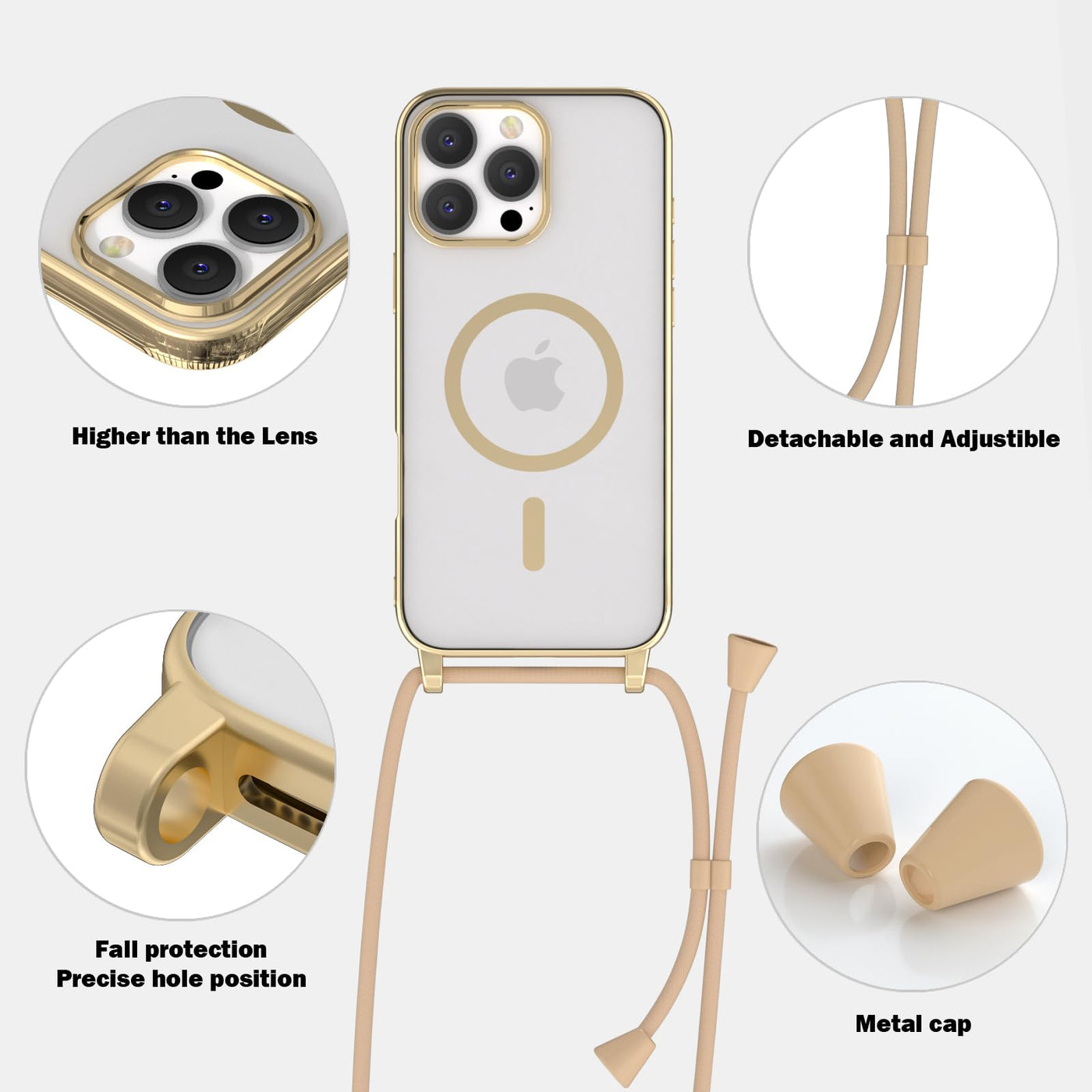 YIRSUR Handykette für iPhone 16 Pro Hülle mit Band Und 2 Schutzfolie, [Kompatibel mit Magsafe] Magnetische Transparent Silikon Necklace Handyhülle Abnehmbar Stoßfest Schutzhülle mit Kordel- Golden