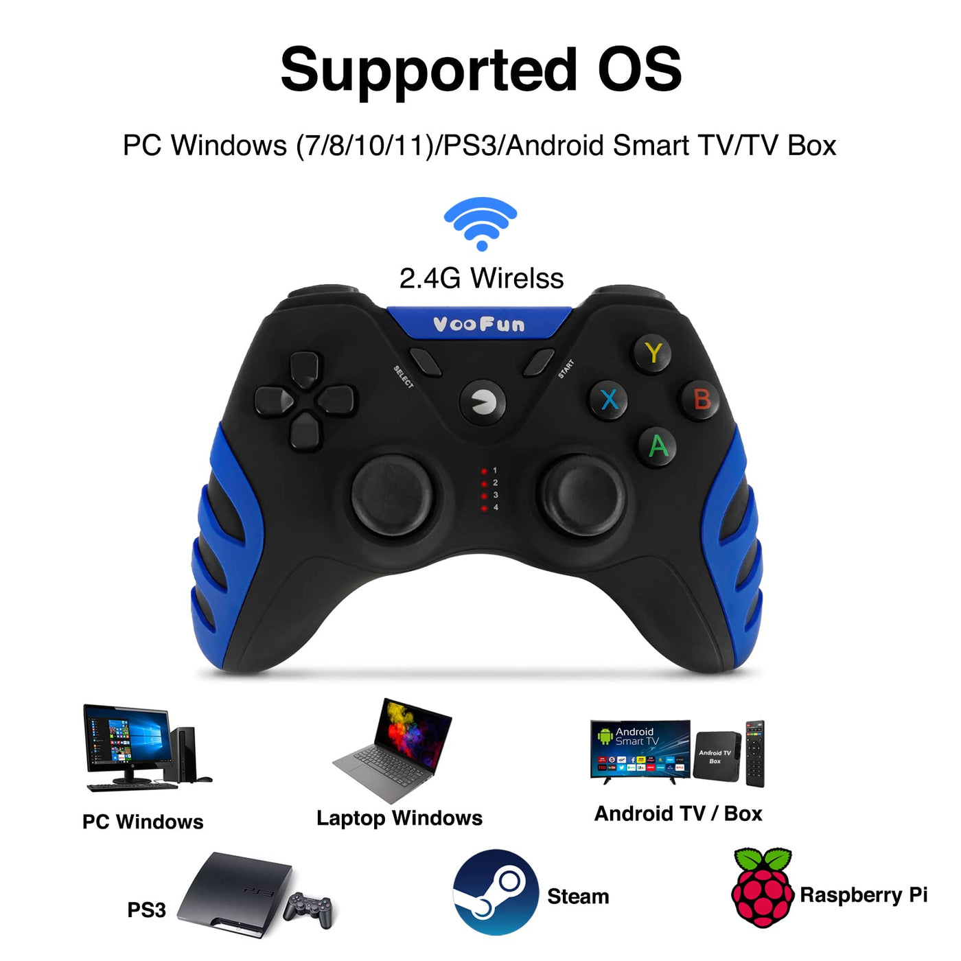 VooFun PC Controller, Wireless PS3 Controller PC Gamepad mit Hall Effekt Joystick, Dual-Vibration, Gaming Controller für PC Windows 7/8/10/11, PS3, Steam, Android Smart TV, TV Box, Raspberry Pi, Blau