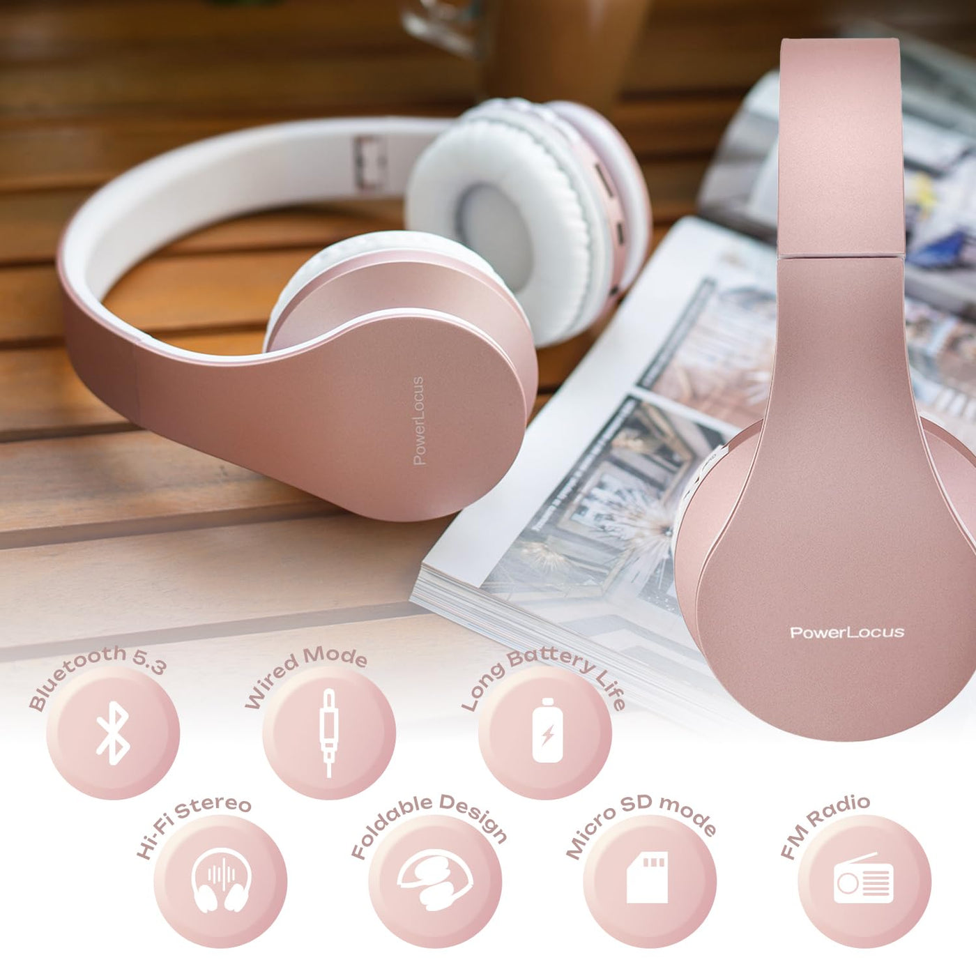 Bluetooth Kopfhörer, PowerLocus Over Ear Wireless Bluetooth Kopfhörer Faltbar Kabellose On Ear Ohrhörer Headset Aux-Unterstützung mit Mikrofon Freiscprechfunktion für iPhone, Android, PC (Rose Gold)