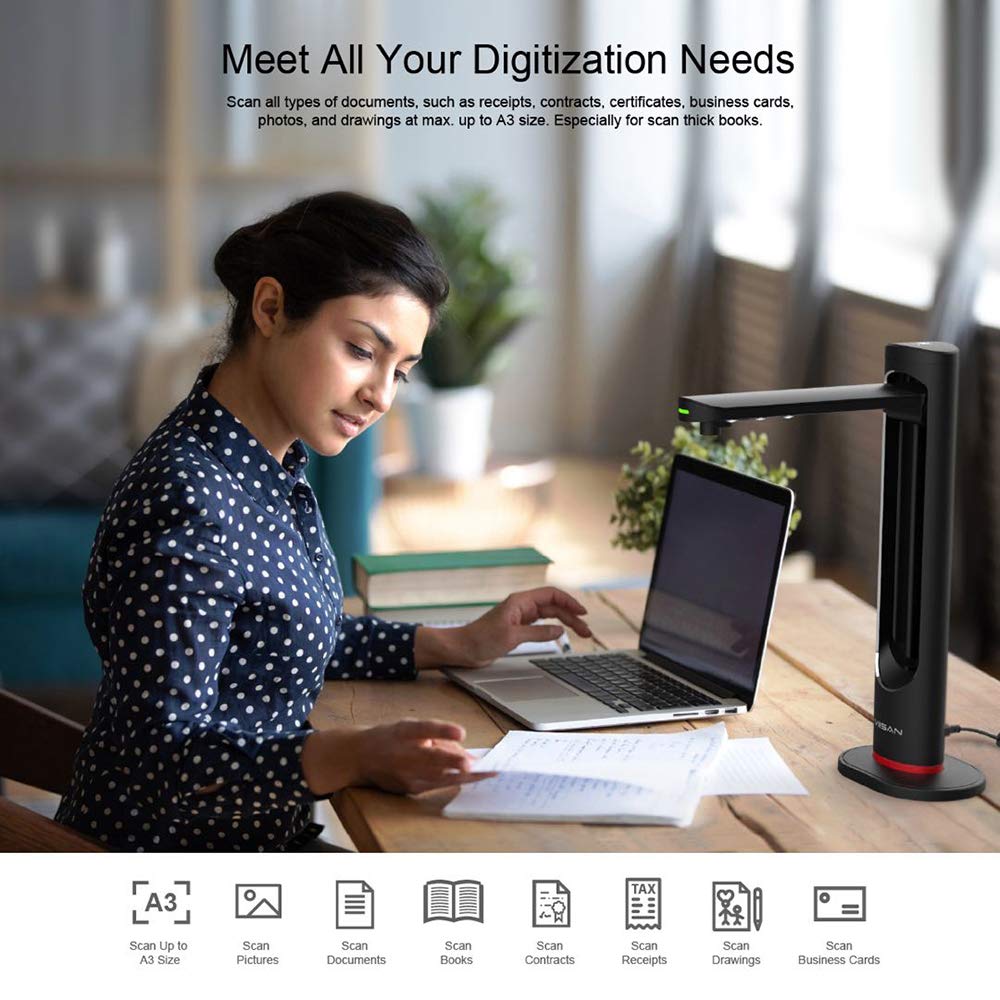Viisan K21 Dokumenten-& Buchscanner Max Scanbereich A3. 21MP Sensor Buch-Doppelseiten Glätten & Aufteilen Auto-Scannen. Laser-Markierung. Texterkennung. Windows & Mac Tragbar