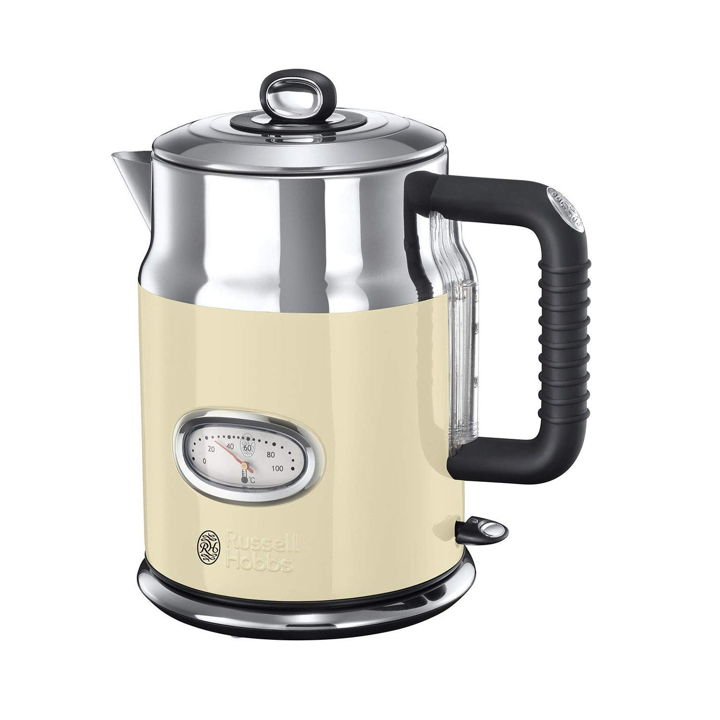 Russell Hobbs Wasserkocher [1,7l, 2400W] Retro Creme & polierter Edelstahl (Schnellkochfunktion, Wassertemperaturanzeige im Retrodesign, außenliegende Wasserstandsanzeige) Vintage Teekocher 21672-70