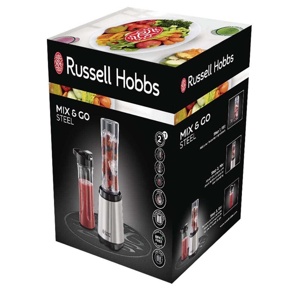 Russell Hobbs Mixer - Standmixer & Smoothie Maker to go [23.500 U/min Power-Motor] inkl. 2x Mixbehälter 600ml (BPA-frei, spülmaschinen- & bruchfest inkl. Deckel) Zerkleinerer, Edelstahl, 23470-56