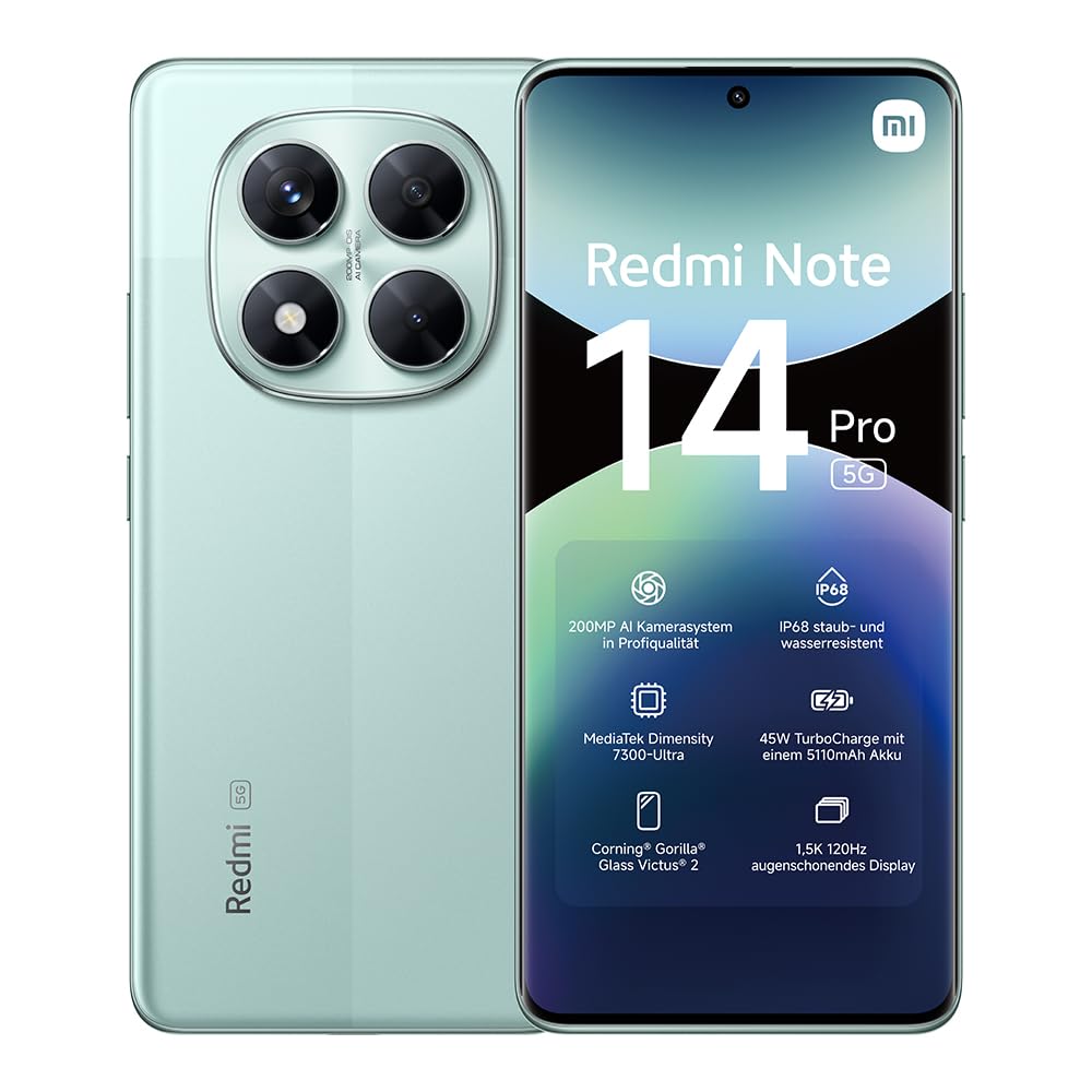 Xiaomi Redmi Note 14 Pro 5G Smartphone, 8 + 256GB, Black, 200MP professionelle AI-Kamera, IP68, 45W TurboCharge mit 5110mAh Akku, AI-Funktionen (kein Ladegerät enthalten)