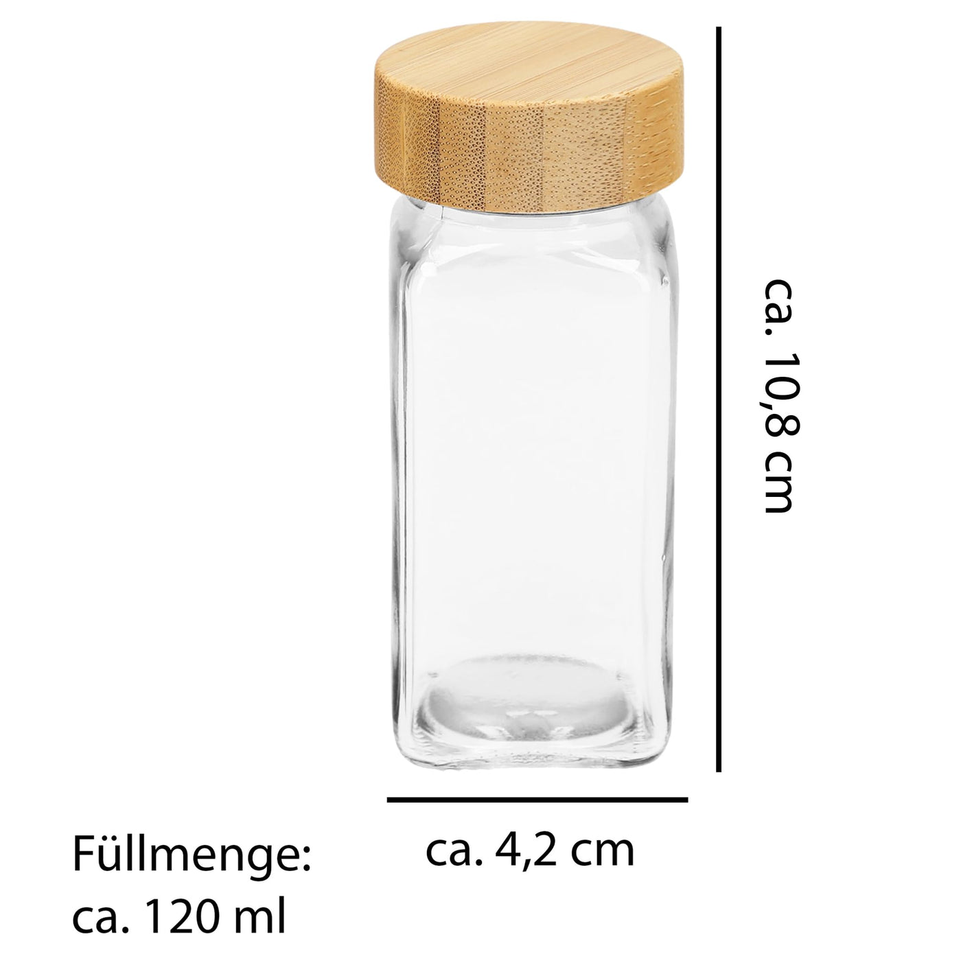 VonBueren Gewürzgläser eckig leer mit Bambusdeckel | Set mit 24 x 120 ml | Gewürzbehälter mit Streueinsatz | spice jars glas | Gewürzstreuer aus Glas | Gewürzstreuer