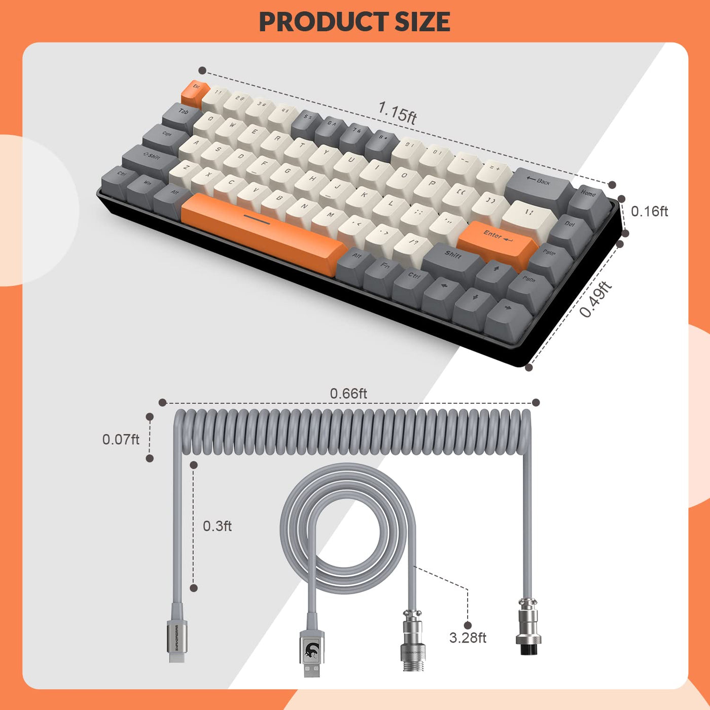 YINDIAO T8 60% Gaming-Tastatur,68 Tasten,Kompakte,Kabelgebundene,Mechanische Mini-Tastatur mit 18 Chroma-RGB-Hintergrundbeleuchtung,Blauer Schalter,USB-C-Spiraltastaturkabel,für PC,PS4-Dunkelgrau