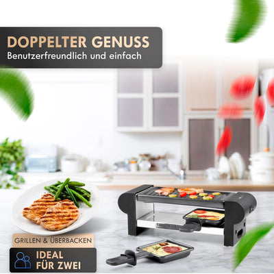 Clatronic® Raclette 2 Personen | Mini Raclette mit ca. 20,5 x 10,5 cm Grillfläche | für Grillen & Überbacken | antihaftbeschichtete Grillplatte & Pfännchen | 350W | RG 3592