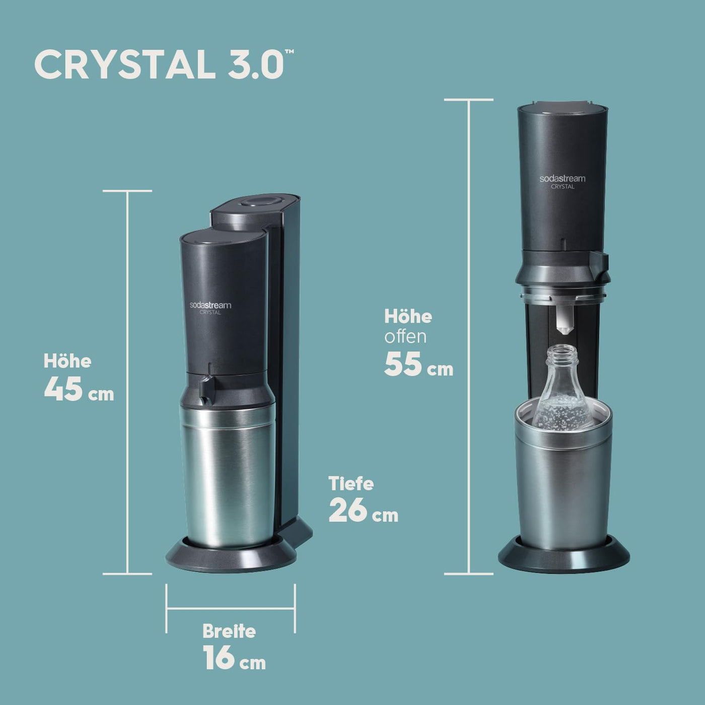 SodaStream Crystal 3.0 Wassersprudler mit 1x Quick-Connect CO2-Zylinder und 2X Glaskaraffen, Silber, Schwarz, Titan, 45 cm