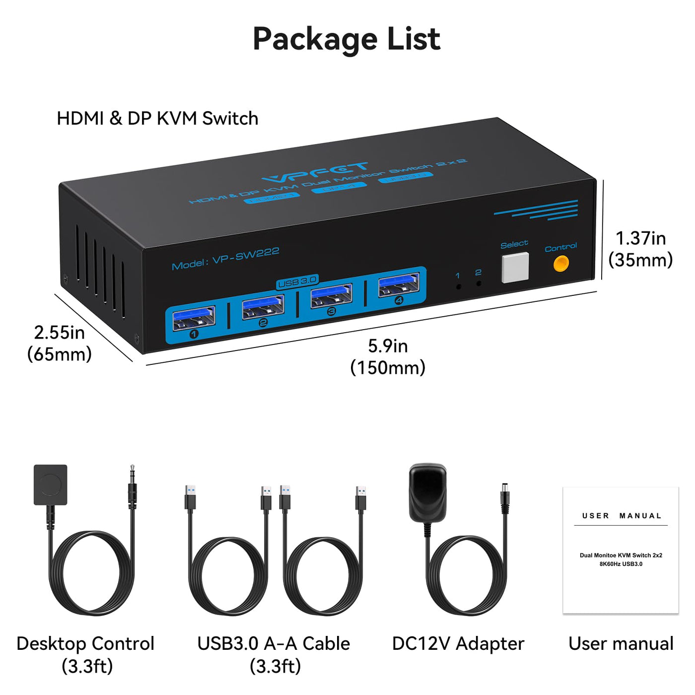 8K60Hz Displayport HDMI KVM Switch 2 PC 2 Monitore 4K120Hz USB 3.0 KVM Switches mit 4 USB Anschlüssen für zwei Computer mit gemeinsamem Dual-Monitor, Tastatur, Maus, Drucker und U-Disk