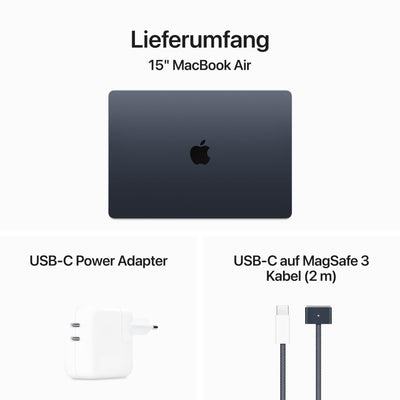 Apple 2024 15" MacBook Air Laptop mit M3 Chip: 15,3" Liquid Retina Display, 16 GB gemeinsamer Arbeitsspeicher, 512 GB SSD Speicher, beleuchtete Tastatur, 1080p FaceTime HD Kamera, Mitternacht