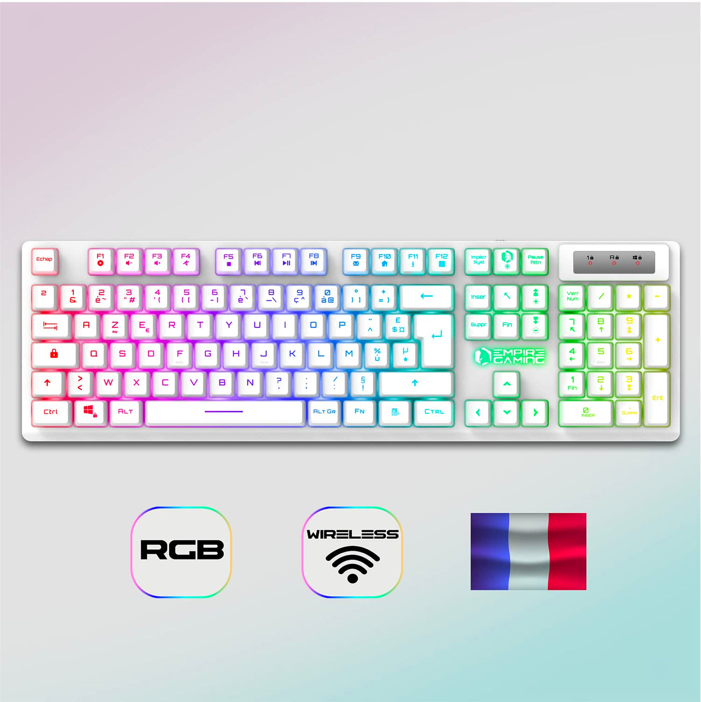 Empire Gaming - Armor RF800 Pack Clavier Souris Gaming sans Fil AZERTY (Français-Layout) RGB Avec Tapis de Souris -Clavier 2.4G -Souris 4800 DPI -PC PS4 PS5 Xbox One/Series Mac - Blanc