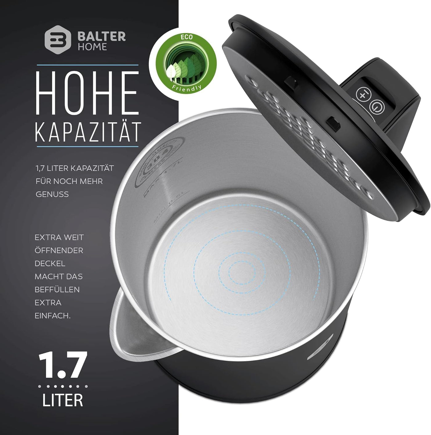 Balter Edelstahl Wasserkocher mit Temperatureinstellung, 40°C-100°C, Doppelwand, BPA frei, 1,7L, Schwarz, WK-04-Touch