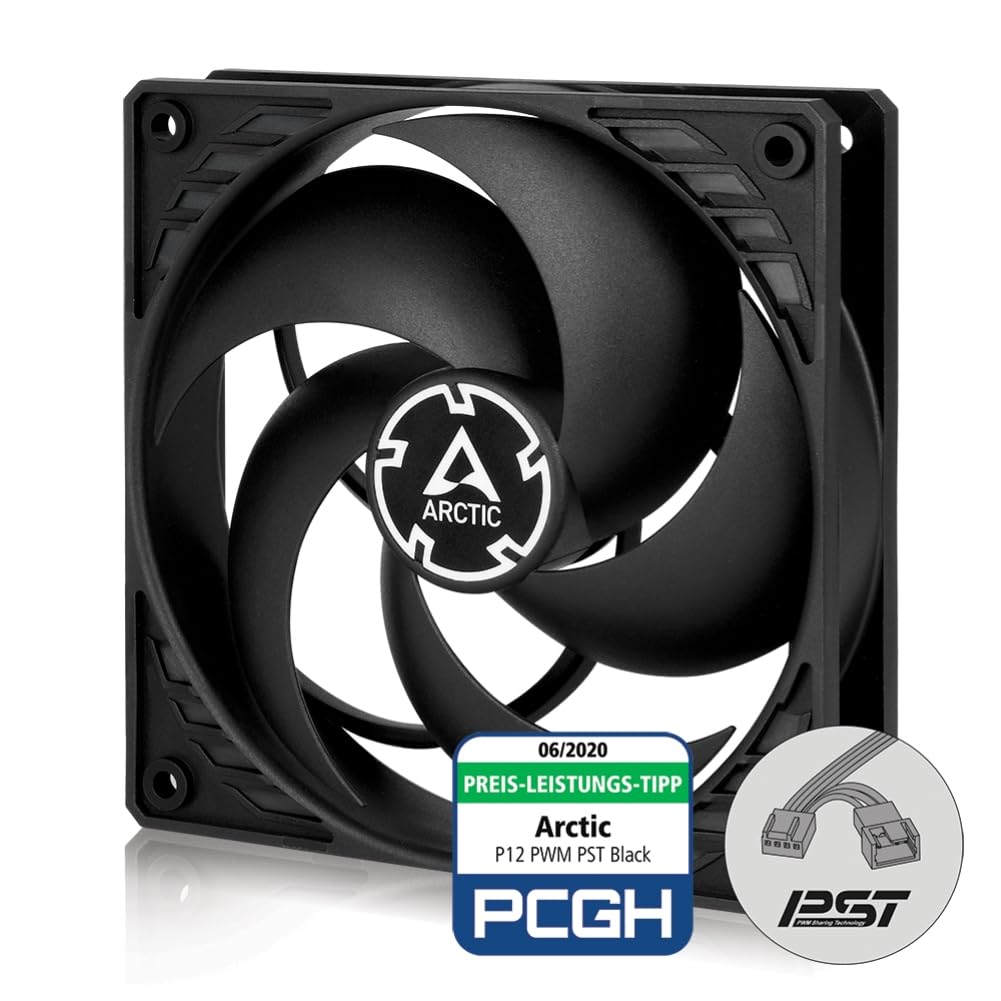 ARCTIC P12 PWM PST - PC Lüfter, 120 mm PWM PST Gehäuselüfter optimiert für statischen Druck, Case Fan mit PST-Anschluss, 200-1800 RPM (0 RPM <5%) - Schwarz