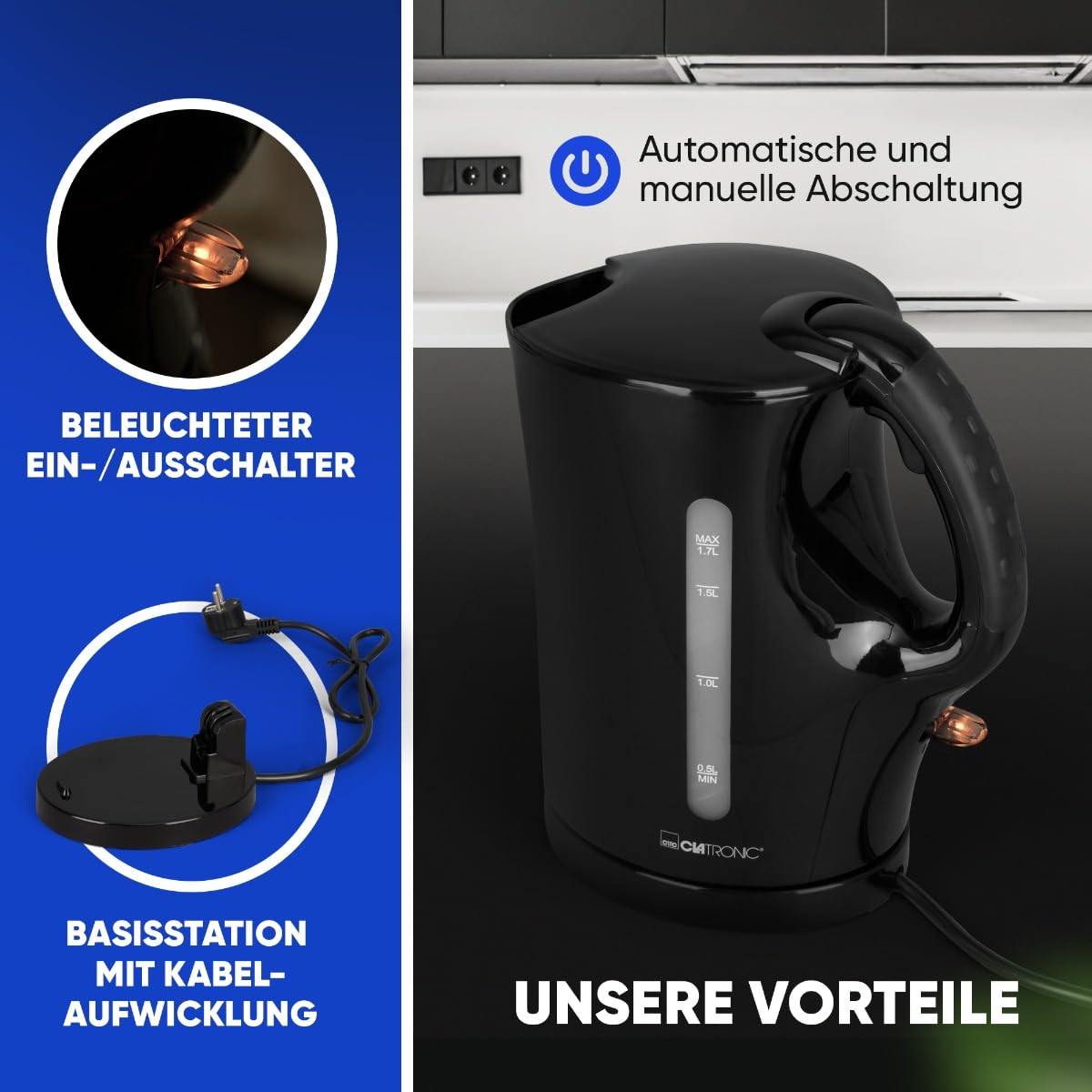 Clatronic® Wasserkocher | Kettle | Wasserkocher 1,7 L mit automatischer & manueller Abschaltung | herausnehmbarer Kalkfilter | max. 2200Watt | Wasserkocher schwarz | WK 3445