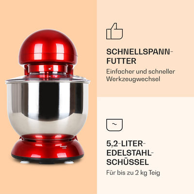 Klarstein Küchenmaschine, Knetmaschine mit 5L Schüssel, 2000W Profi Küchenmaschine mit Knethaken und Schneebesen, Universal Küchenmaschine mit 6 Stufen, Teigmaschine zum Rühren, Kneten und Aufschlagen