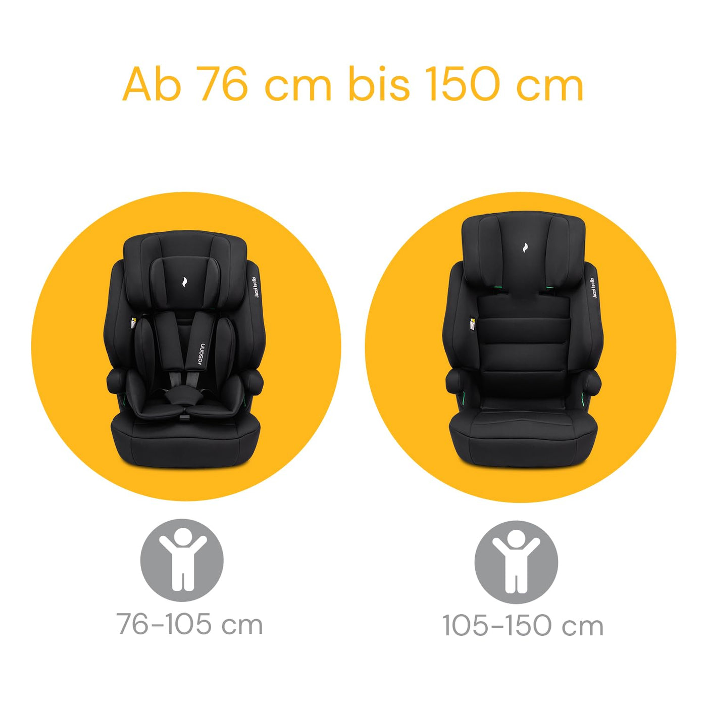 Osann Jazzi Isofix, Kindersitz mit Isofix ab 1 Jahr, Autositz von 76 bis 150 cm, i-Size mitwachsend - Black