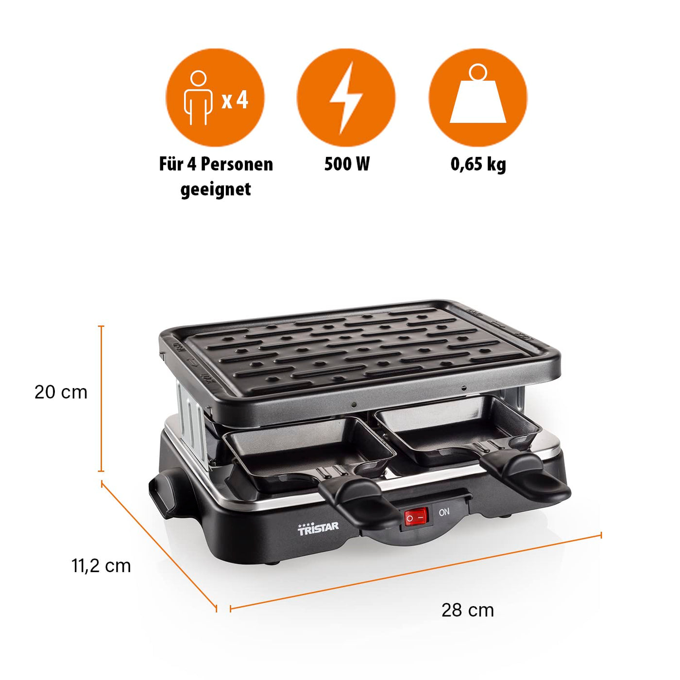 Tristar Raclette-Grill für bis zu 4 Personen, 4 Pfännchen, 500 Watt, RA-2949