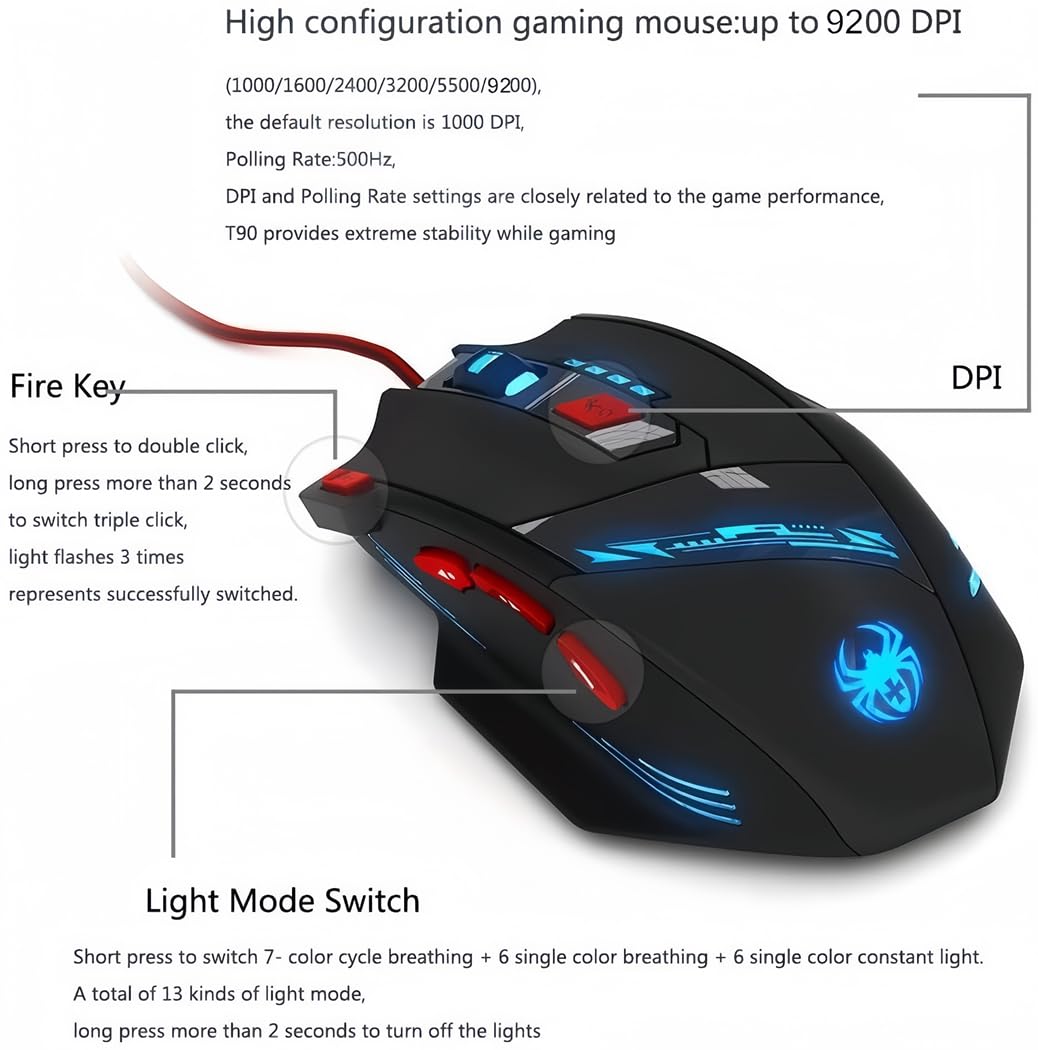 Souris de jeu Zelotes T90 9200 DPI, 8 boutons programmables, LED multimode, souris de jeu USB, réglage du poids pour les joueurs professionnels