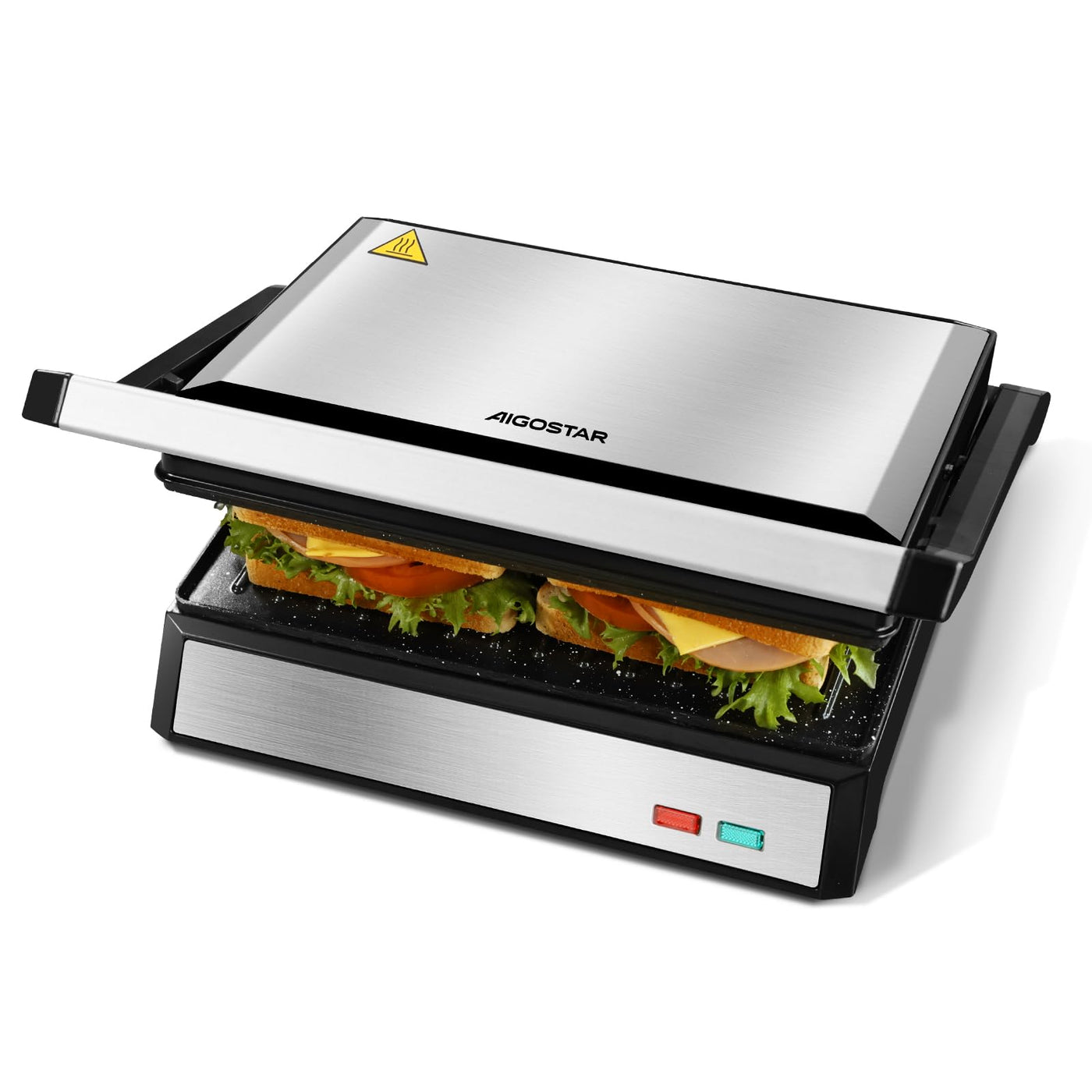 Aigostar Hett pro- Kontaktgrill für Sandwiches, Steak und als Panini Grill, Sandwichmaker mit Antihaftbeschichtung, 1500W Panini Grill mit Abnehmbare Ölsammelbox, 180º Öffnung.