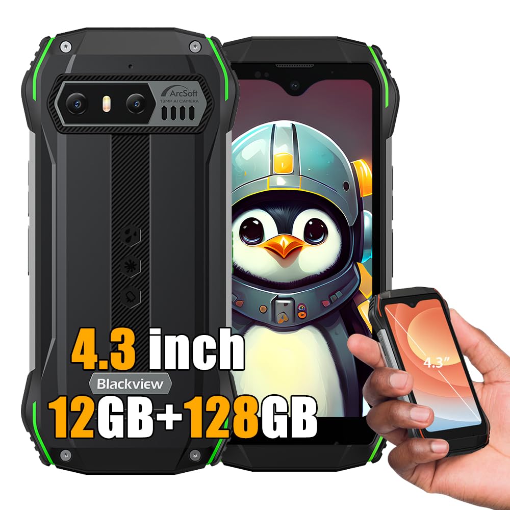 Blackview N6000SE Mini Outdoor Smartphone ohne Vertrag, 12GB+128GB Android 13 Handys, 4,3" HD+ IP68 Wasserdicht Rugged Handys, 3700mAh, 4G LTE Outdoor Handy ohne vertrag, NFC OTG GPS FM, Grün