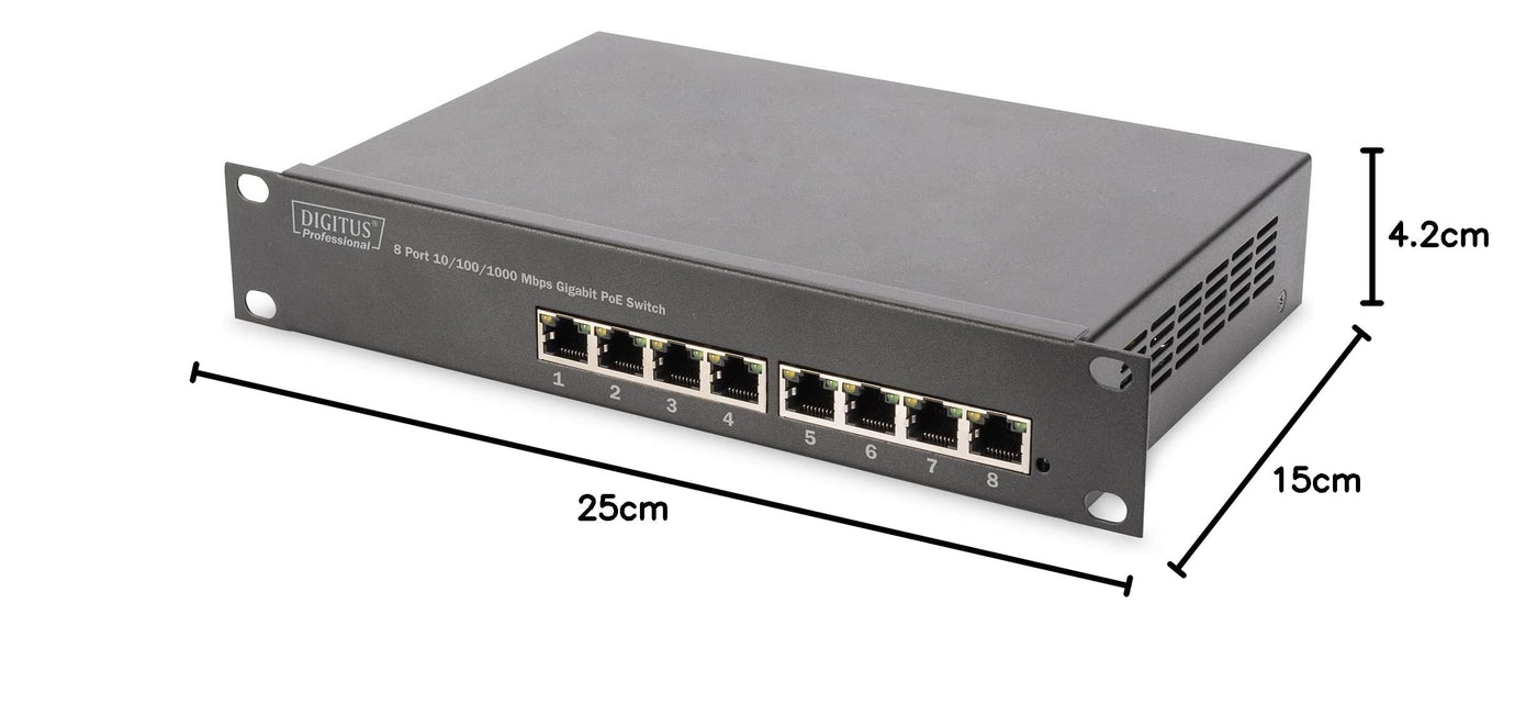 DIGITUS Gigabit Ethernet PoE+ Switch - 10 Zoll - 8 Ports - Unmanaged - IEEE 802.3at - 96 Watt Powerbudget - Schwarz