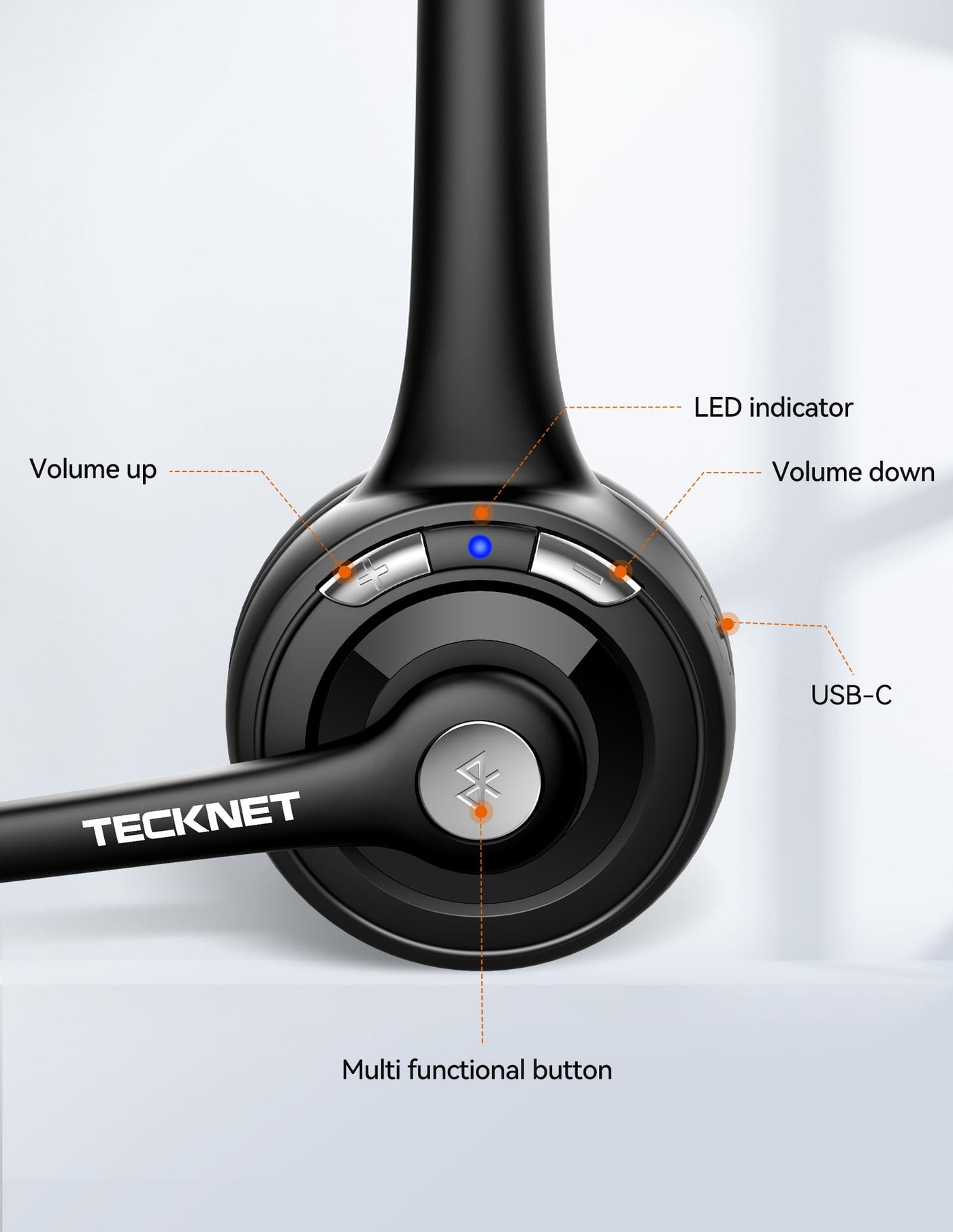 TECKNET Bluetooth Headset mit Mikrofon, kabelloses PC Headset, Rauschunterdrückung und Freisprechen Chat Headset für Computer, Callcenter, Telefonkonferenzen, Super Leicht, Ultra Komfort